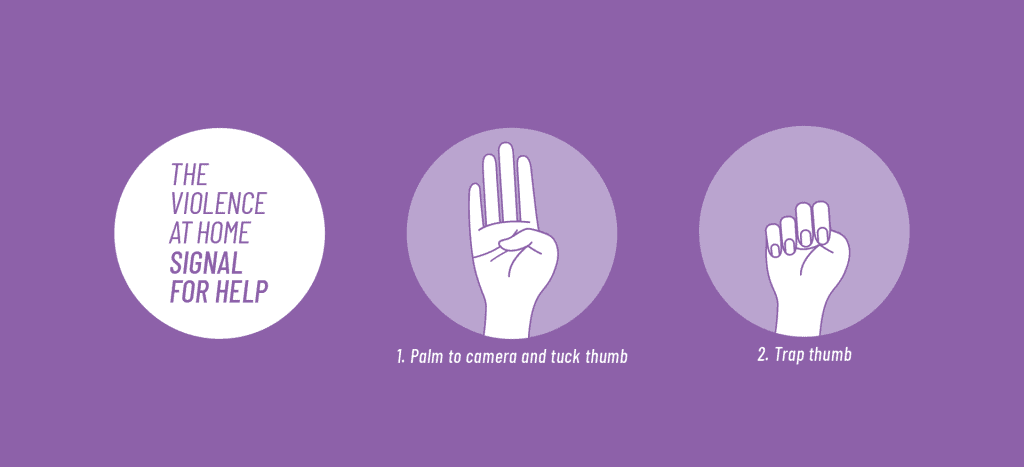 오른손 엄지 손가락만 접고 네 손가락은 펼친 손 모양이 왼쪽에, 주먹 쥔 손 모양이 오른 쪽에 그려져 있다.